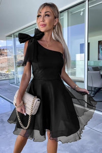 Black Bowtie One-shoulder Tulle Overlay Skater Dress