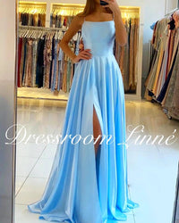 FATAPAESE Prom Dress Spandex satin Slit Side Dress A-LINE Scoop Stretch Slip Satin High Split Long Simple Evening Party