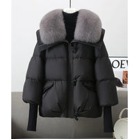 Winter New Fur Collar Puffer Down Parka Loose Down Warmer Thicken Snow Jacket Pocket Zipper Faux Fur Outerwear Female