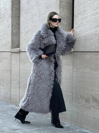 Winter New Women's Plush Faux Fur Overcoat Fashion Long Sleeved Warm Turn-down Collar Cardigan High Street Loose Outerwear 2024