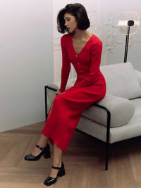 Trendix Elegant Evening Dress Women V Neck Long Sleeve Patchwork Button Slit Sweater Dresses 2024 Autumn Winter Knit Maxi Dress