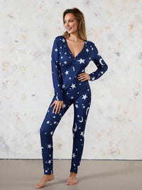 Back Buttoned Flap Pajamas Jumpsuit for Women Christmas Sleepwear Fall Winter Printed Long Sleeve Rompers Loungwear Outfit