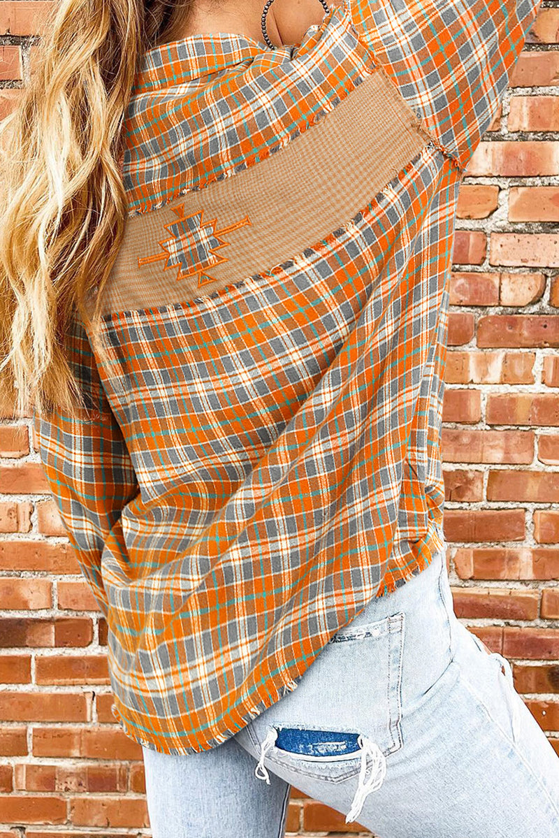 Plaid Embroidery Patch Button-Down Shacket