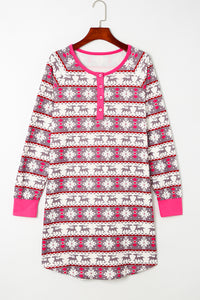 Rose Christmas Pattern Henley Pajama Dress