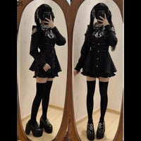 Japanese Gothic Style Rhinestone Bow Dress Shorts Set Women Lace Off Shoulder Long Sleeve Slim Shirts Dresses Lolita Y2k Outfits