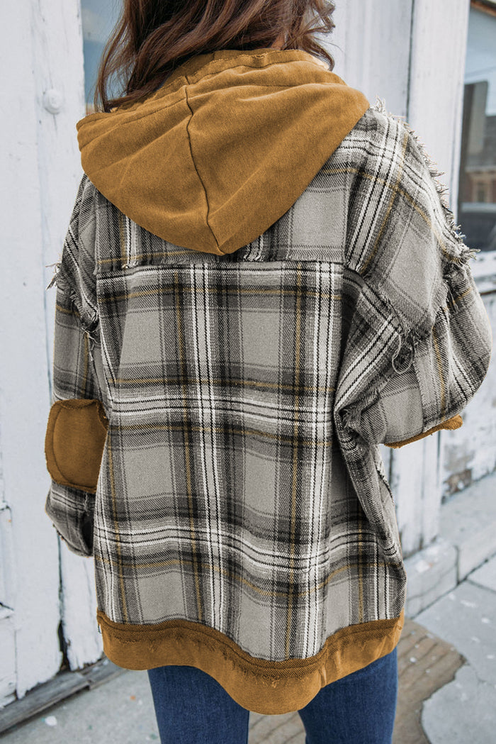 Medium Grey Plaid Patch Hooded Frayed Snap Button Jacket