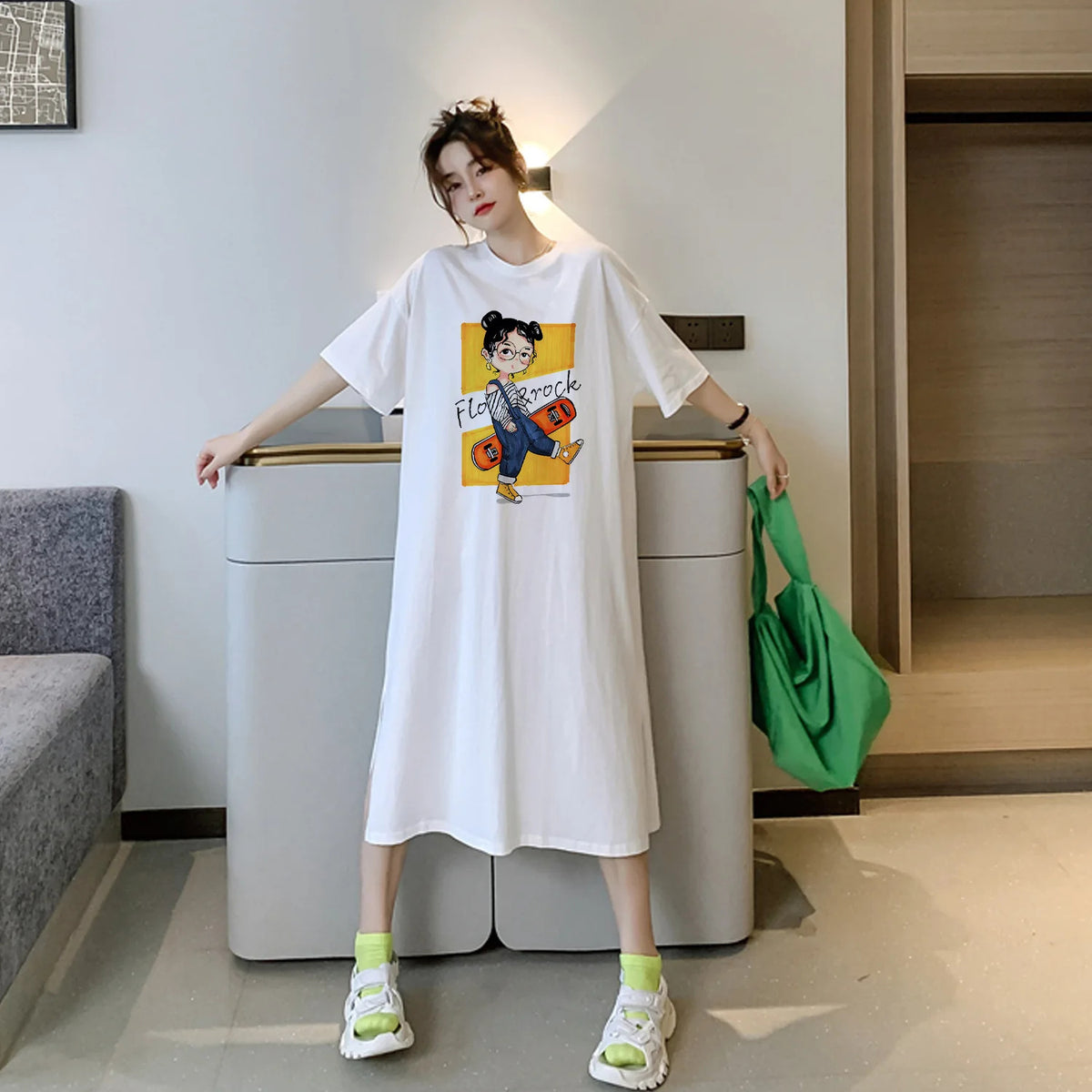 Harajuku Graphic White Long Dress Woman Clothing Y2k Casual Short Sleeve O-Neck Korean Fashion Summer Womens Loose Dresses 2024