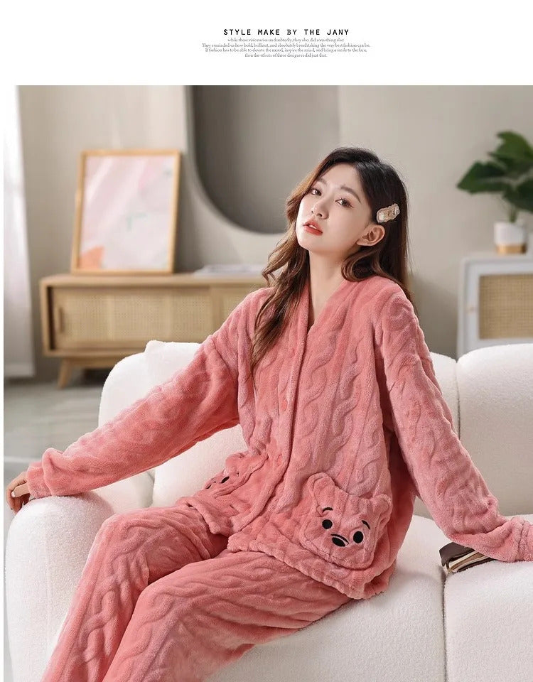 Thickened Warm Coral Velvet Pajamas Women's Autumn and Winter Padded Cartoon Bear Striped Flannel School Pajamas Winter Homewear