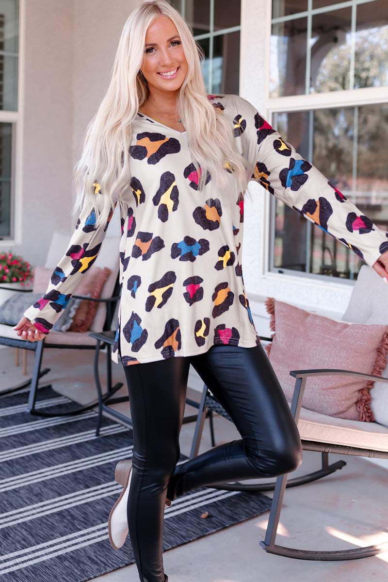 Apricot Colorful Leopard Print V Neck Long Sleeve Top with Slits