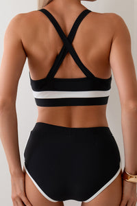 White Colorblock Crisscross Back High Waist Sporty Bikini