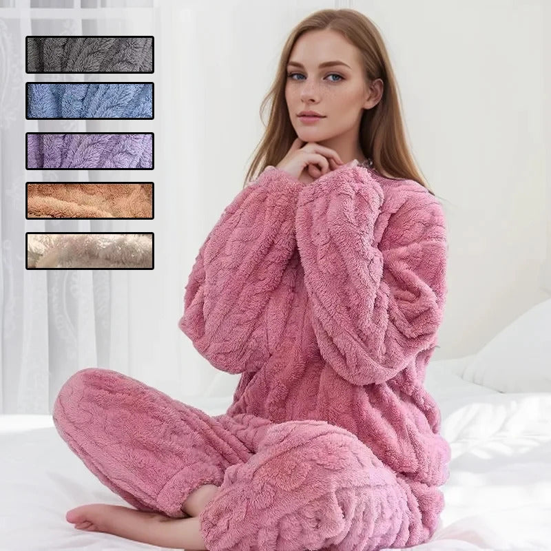 Thickened Warm Sleepwear for Winter Women Flannel Suit Student Pajamas Homewear Tops and Pants Striped Nightwear Loungewear