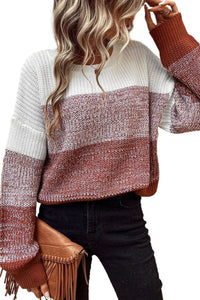 Orange Color Block Drop Shoulder Ribbed Trim Sweater