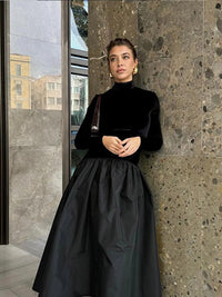 2025 New Elegant Contrast Spliced Pleated Maxi Hem Dress Women's Round Collar Long Sleeve Slim Robe Female Partywear Dresses