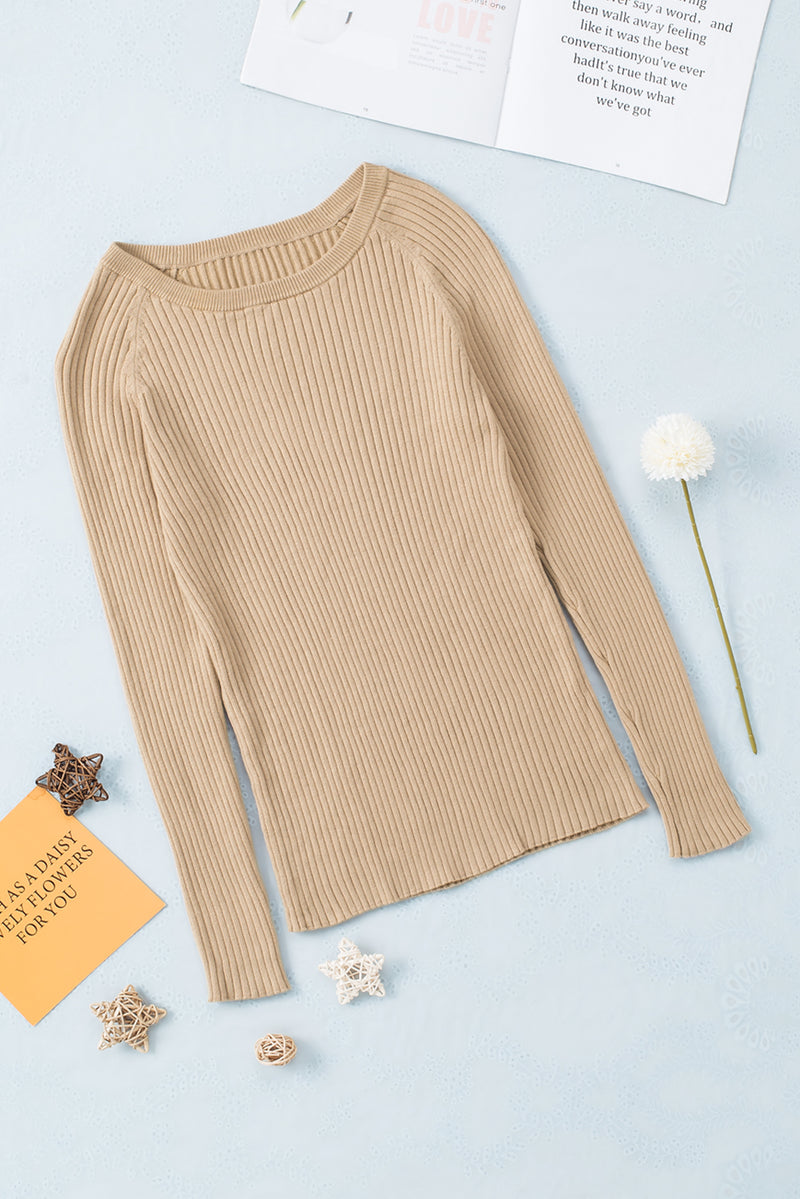 Apricot Ribbed Knit Round Neck Sweater