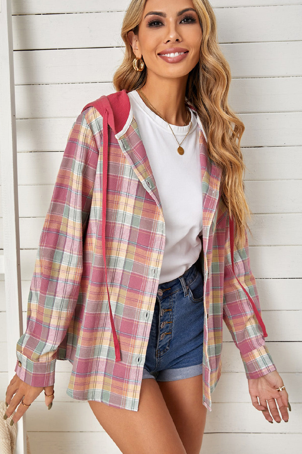 Red Drawstring Plaid Hooded Shacket