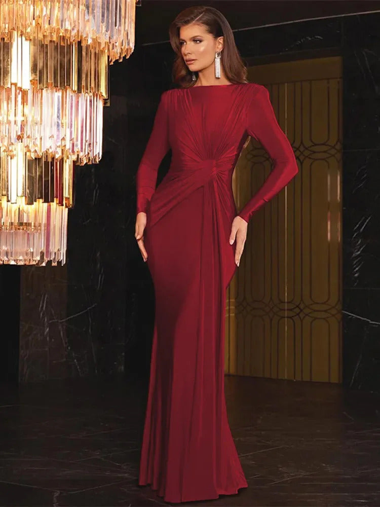 Burgundy  Sexy Pleated Lace Up Long Dress Lady Fashion Round Neck Slim Fit Long Sleeved Evening Gown 2024 New Chic Outfits