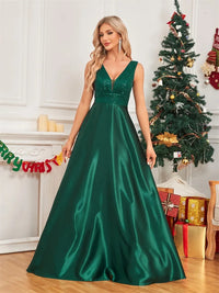 Lucyinlove Elegant Sequins Evening Dress For Women 2024 Deep V-neck Satin Prom Party Green Dress Floor Length Blue Formal Gowns