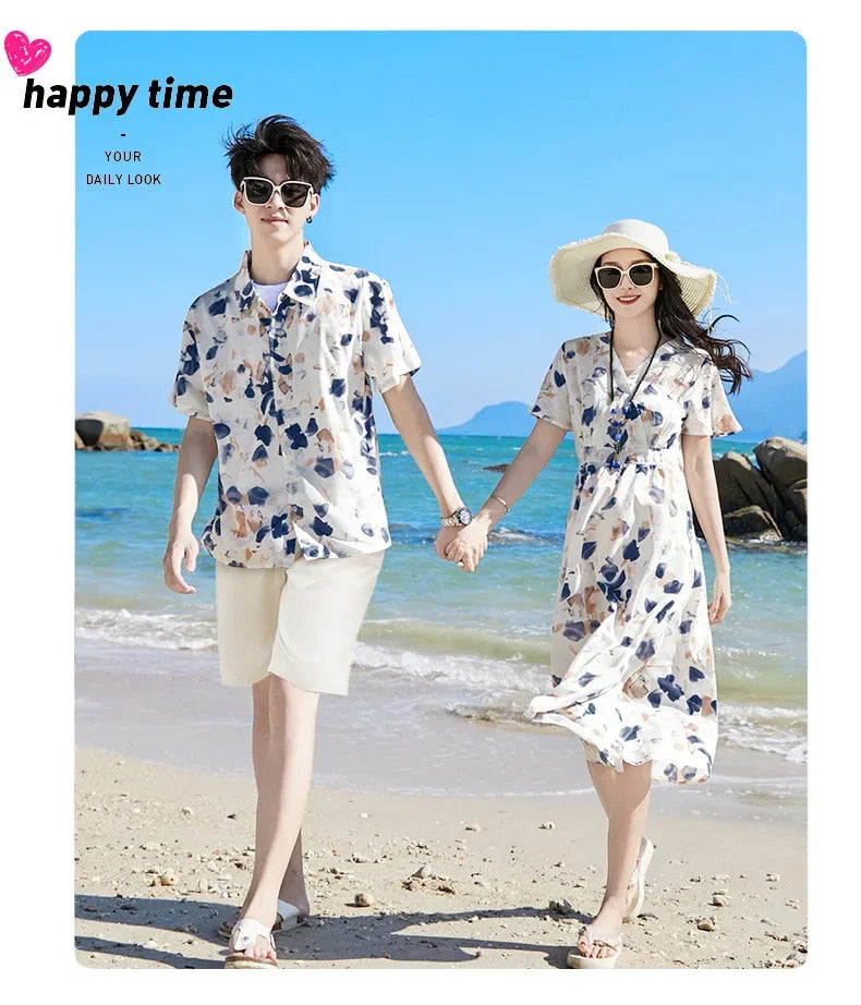 2024 Summer Holiday Family Vacation Look Clothes Dad and Son Shirts Two Piece Outfits Sets Mom and Daughter Short Sleeve Dress