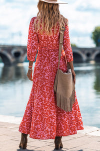 Tomato Red Printed 3/4 Sleeve V Neck Shirt Long Dress with Belt