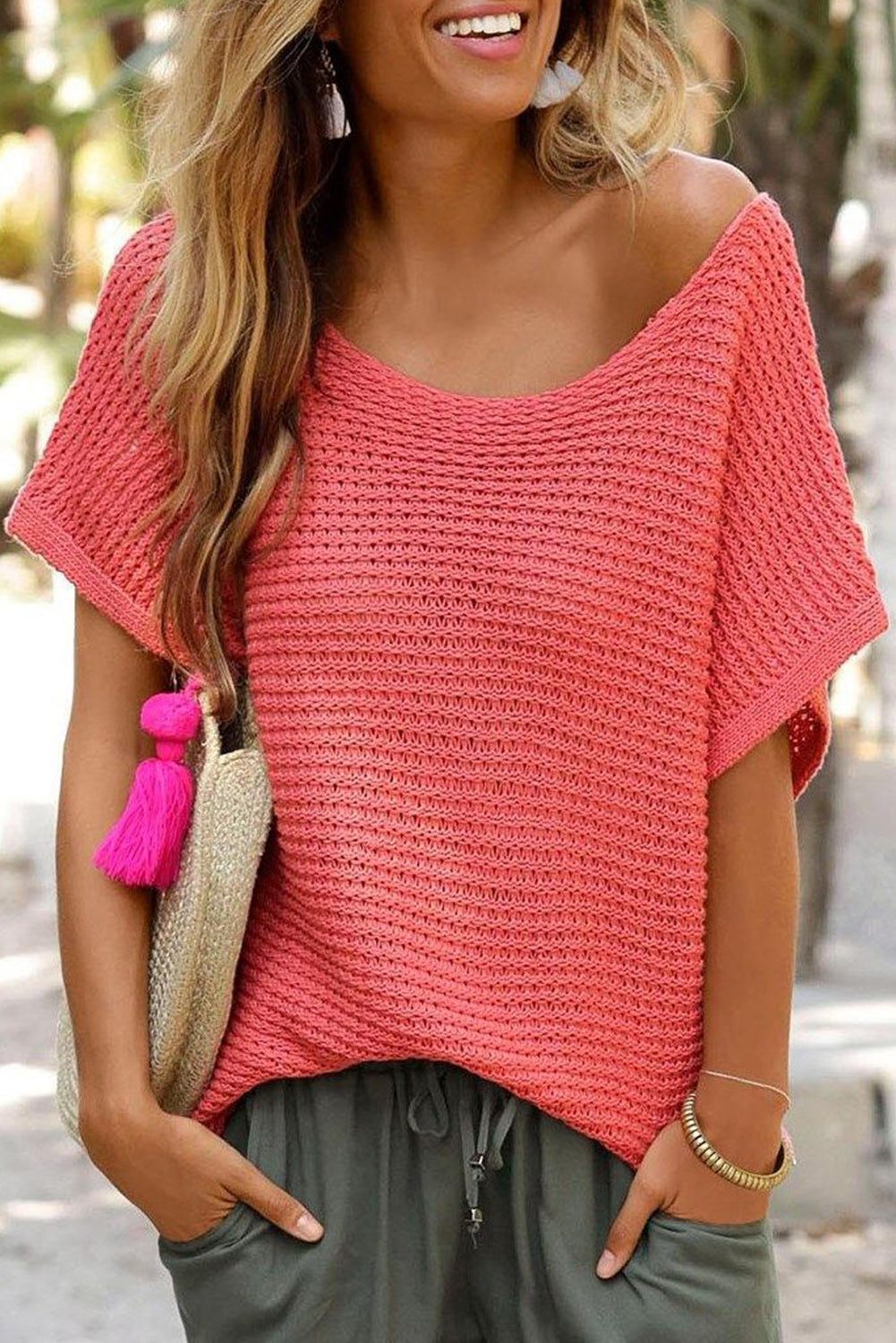 Red Clay Solid Loose Knit Short Dolman Sleeve Sweater