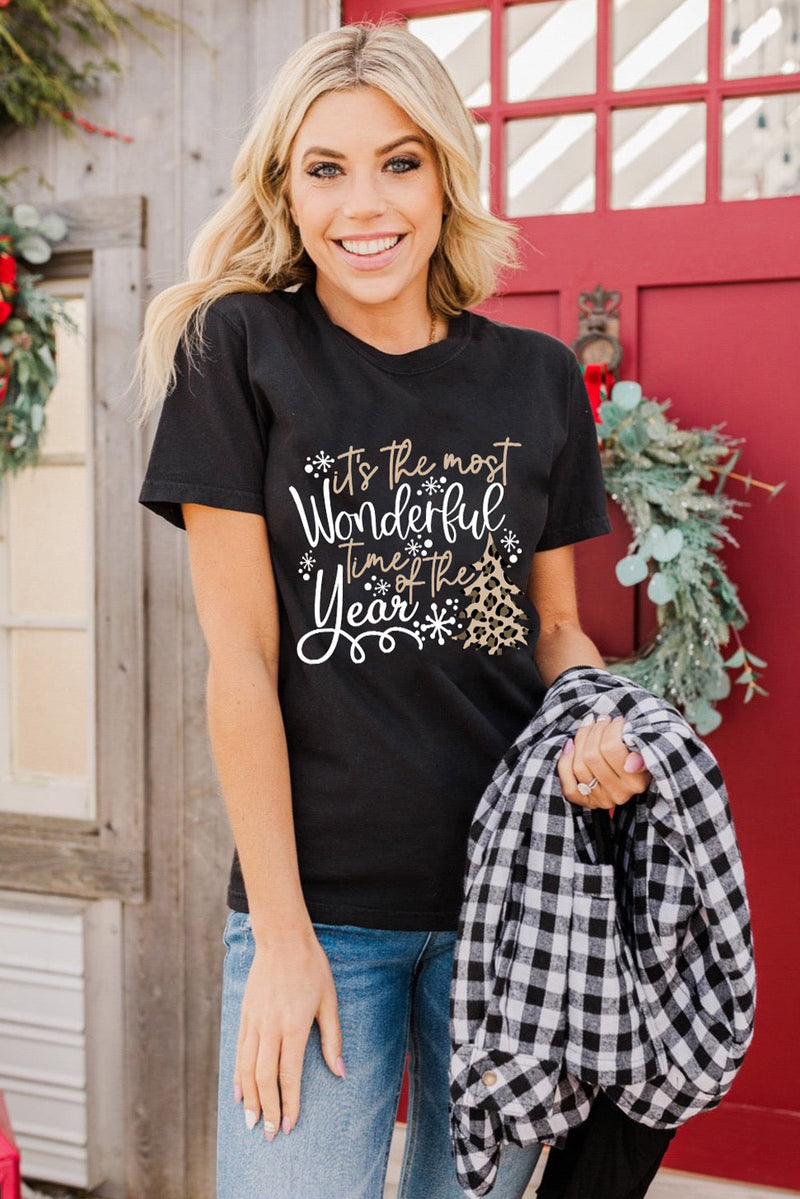 Black Wonderful Christmas Season Leopard Graphic Tee