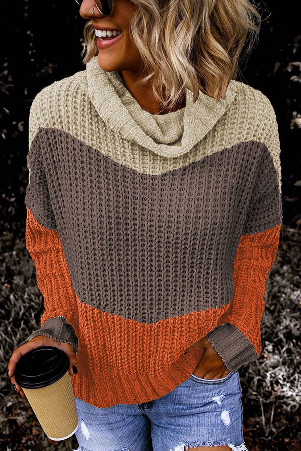 Black Cowl Neck Colorblock Cable Knit Sweater