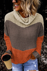 Black Cowl Neck Colorblock Cable Knit Sweater