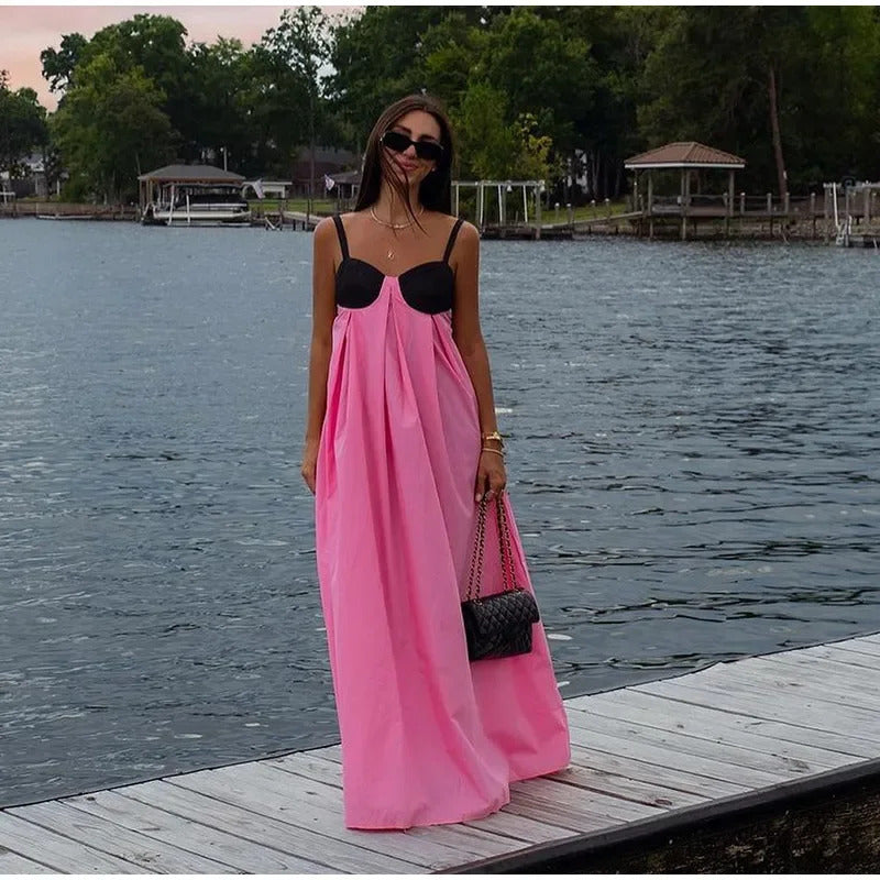 Fashion High Waist Patchwork Loose Sling Robes Women Backless Sleeveless Maxi Dress Fashion Casual Vacation Party Long Dresses