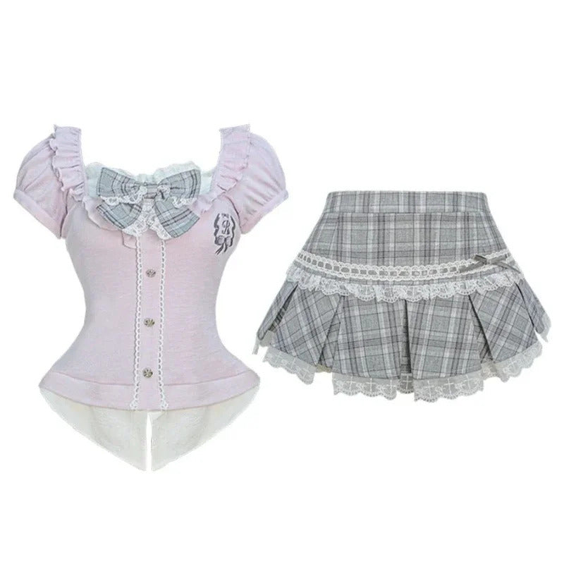 Japanese Sweet Preppy Style Skirt Set Women Kawaii Lace Patchwork Bow Tops + Y2k Plaid Mini Skirt Elegant Outifits 2 Piece Set