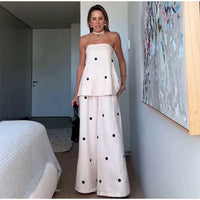 Casual Women Printing Dot Strapless Top Pants Suit Fashion Sleeveless Wide Legs Pant Slim Sets 2025 New Spring Outfit Streetwear