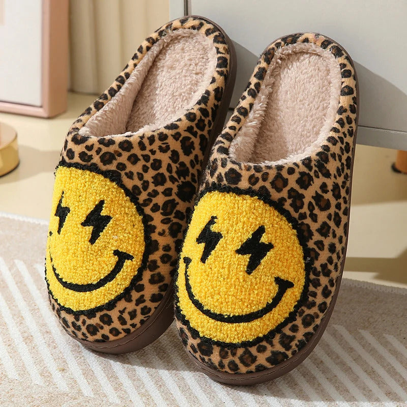 Leopard Print Winter Slippers Women Lightning Smile Face Fluffy Fur Slippers Woman Indoor Anti-slip Furry Couple Cotton Slides