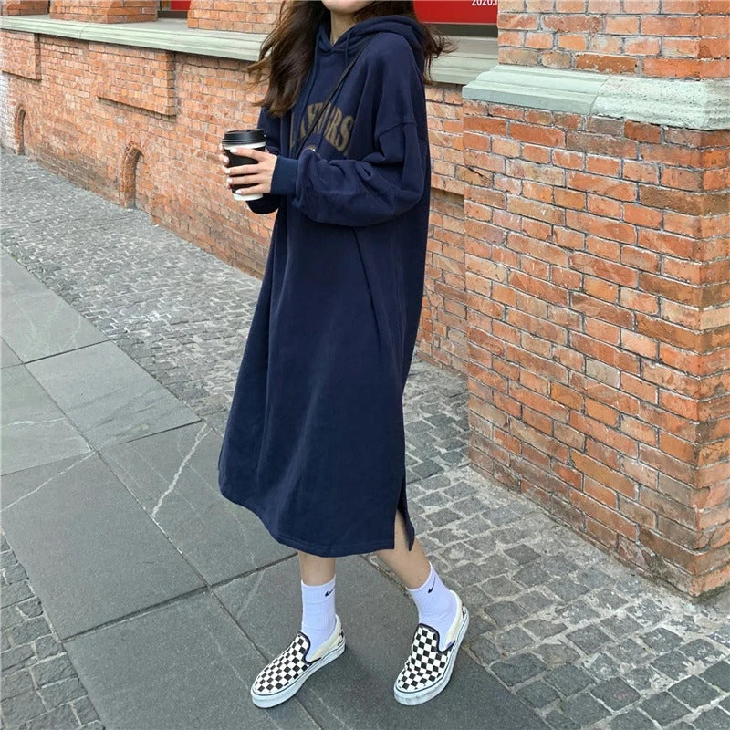 Long Hood Sweater Dress Women Autumn and Winter Fleece-lined Thickened Pullover Small Loose Mid-Length over-the-Knee Dress