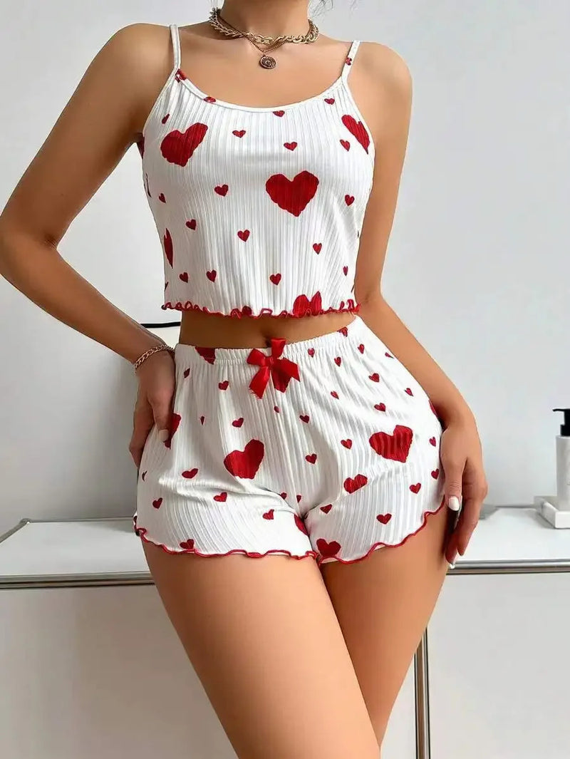 Hot Selling Womens Pajamas Set Sleepwear 2PCS Short Tank Tops And Shorts White Ventilate Soft Casual Red Love Printing Sleepwear