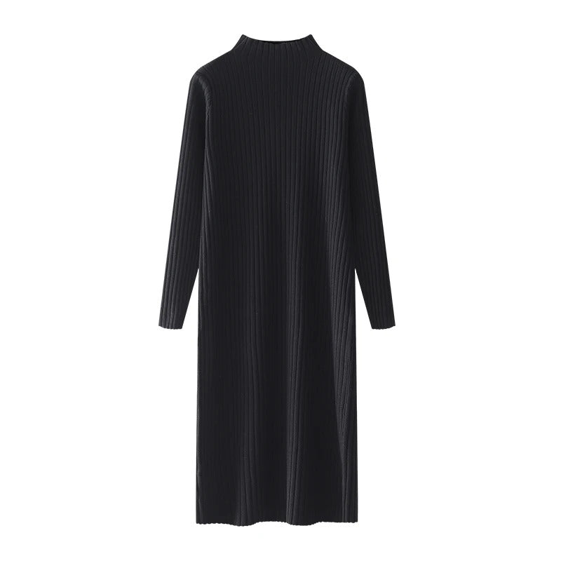 ABRINI Women Fall Versatile Mock Neck Knit Dress New Winter Inner Layer Long Sleeved Dress Casual Loose Mid-Length Sweater Dress