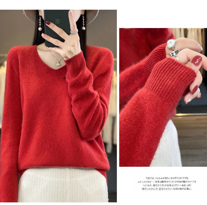 100% pure wool cashmere sweater women's V-neck pullover casual knit top autumn and winter women's coat Korean fashion