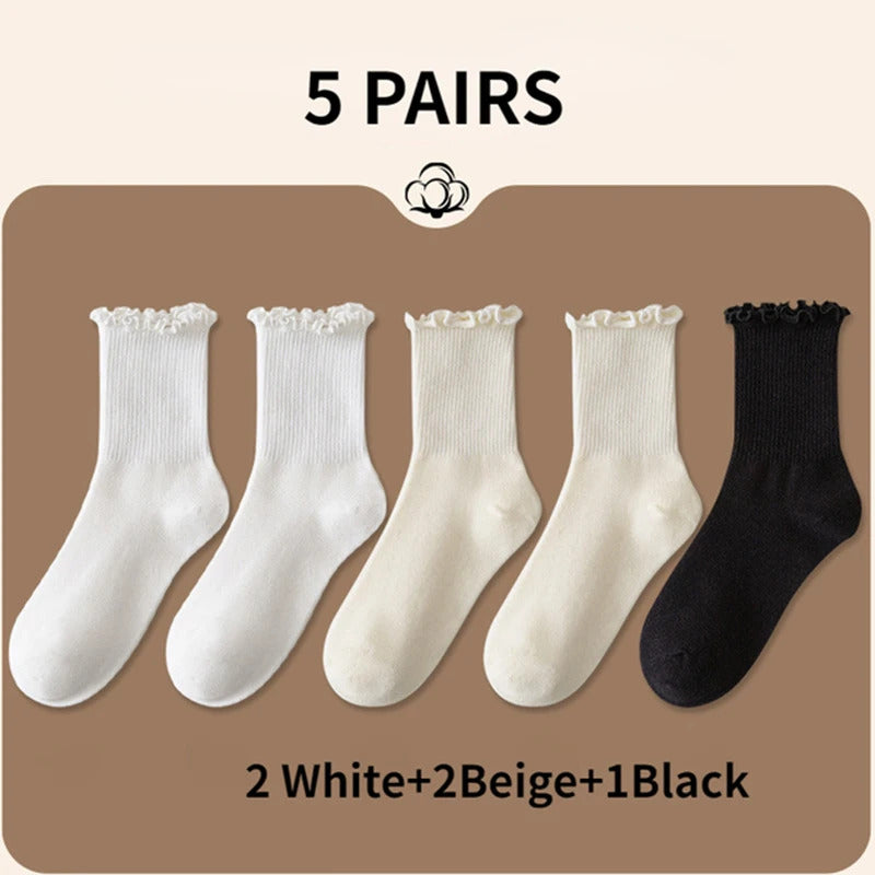 5 pair /Lot Socks for Women Ruffle Cotton Middle Tube Ankle Short Breathable Black White set Spring Autumn