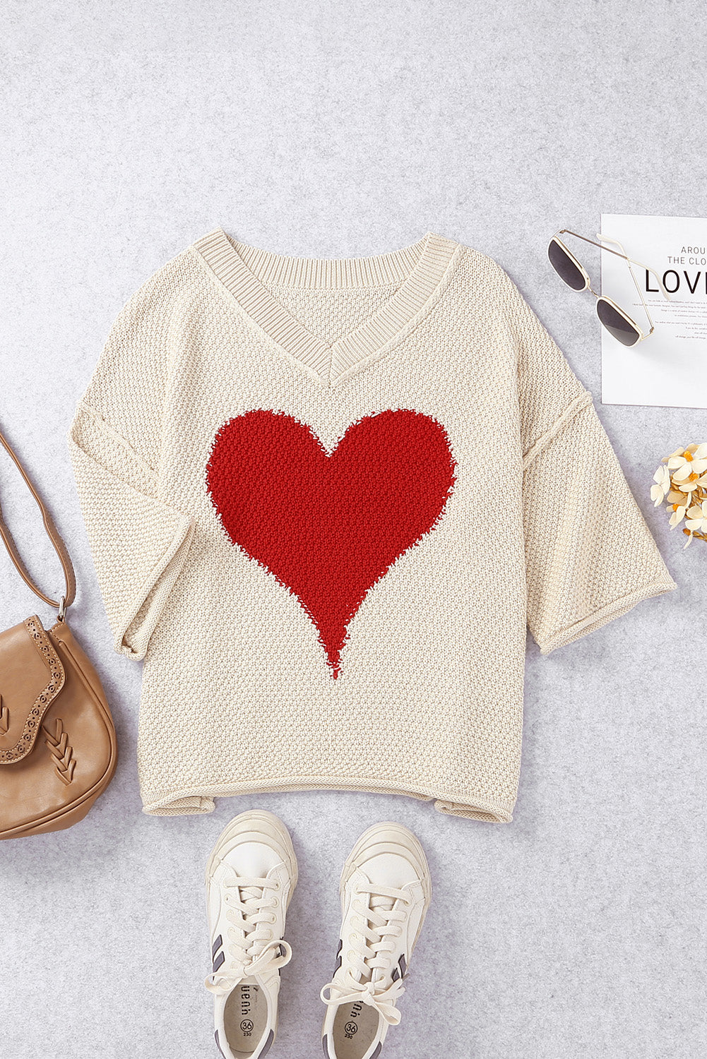 Beige V-neck Dropped Sleeve Heart Print Slouchy Shift Sweaters