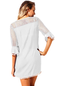 White Crochet Pom Pom Trim Beach Tunic Cover up