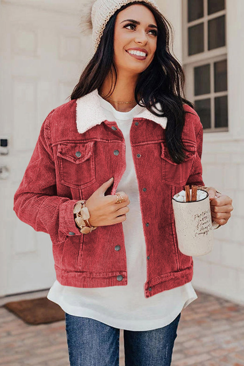 Fiery Red Corduroy Sherpa Snap Button Flap Jacket