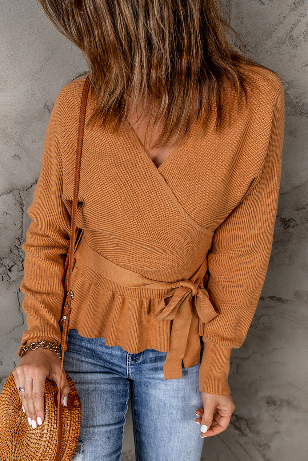 Brown Rib Knit Surplice Neck Belted Peplum Sweater