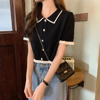 Sweet Women Shirt Korean Knitted Turn Down Collar Chic Short Sleeve Female Blouse Summer Retro Slim All Match Ladies Crop Tops