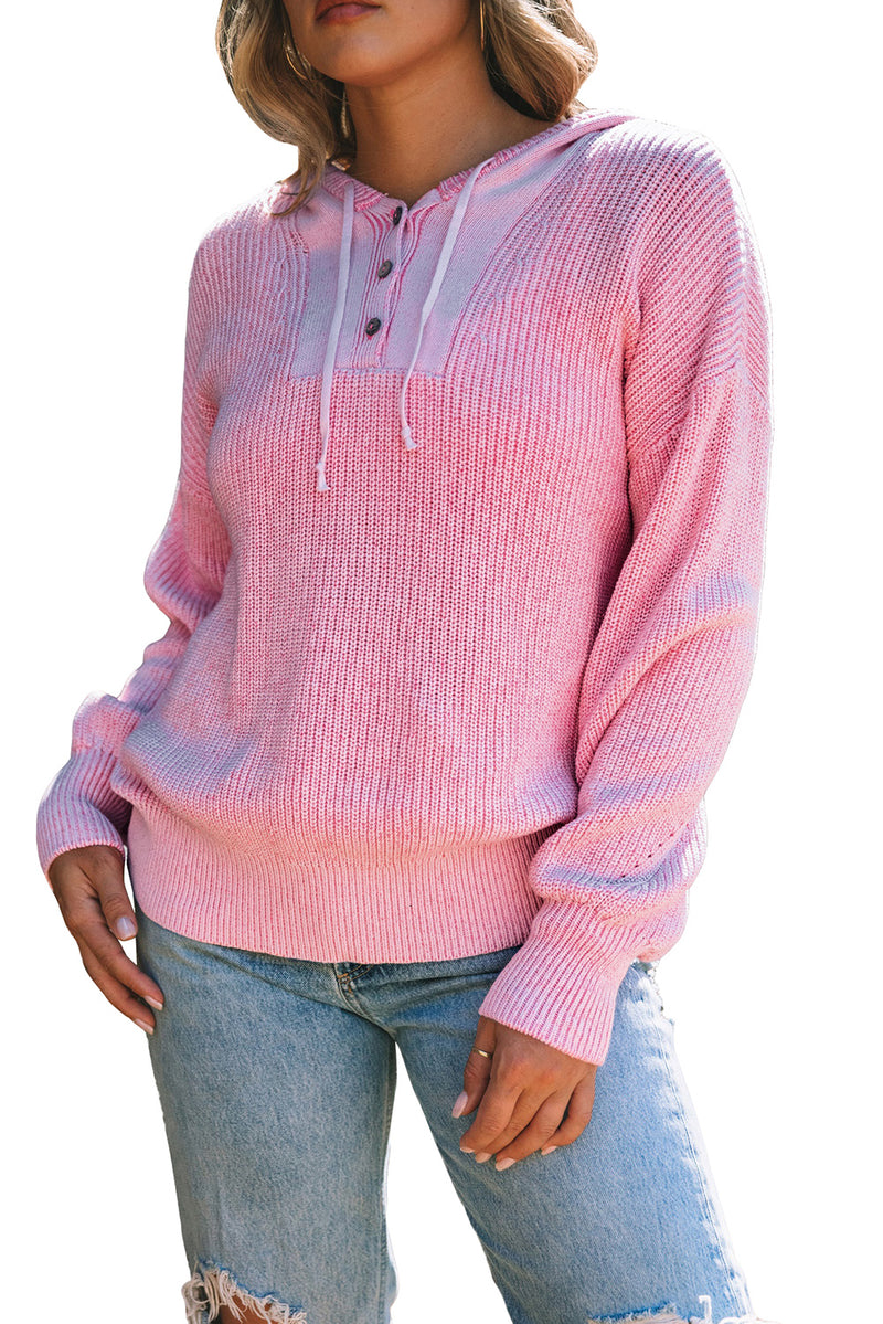 Pink Henley V Neck Hooded Sweater