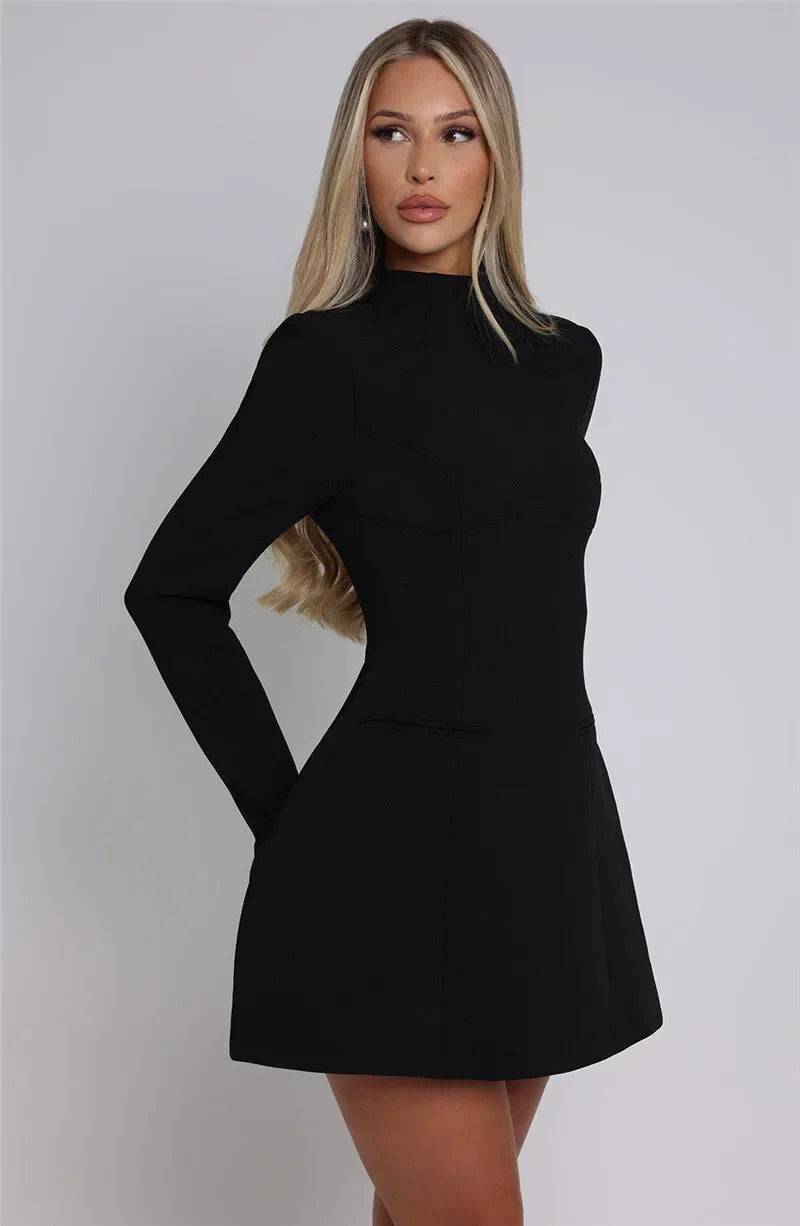 Women Long Sleeve Backless Sexy Mini Dress Elegant Autumn Winter O Neck High Waist Slim Fit Gown Fashion Lady Club Party Dresses