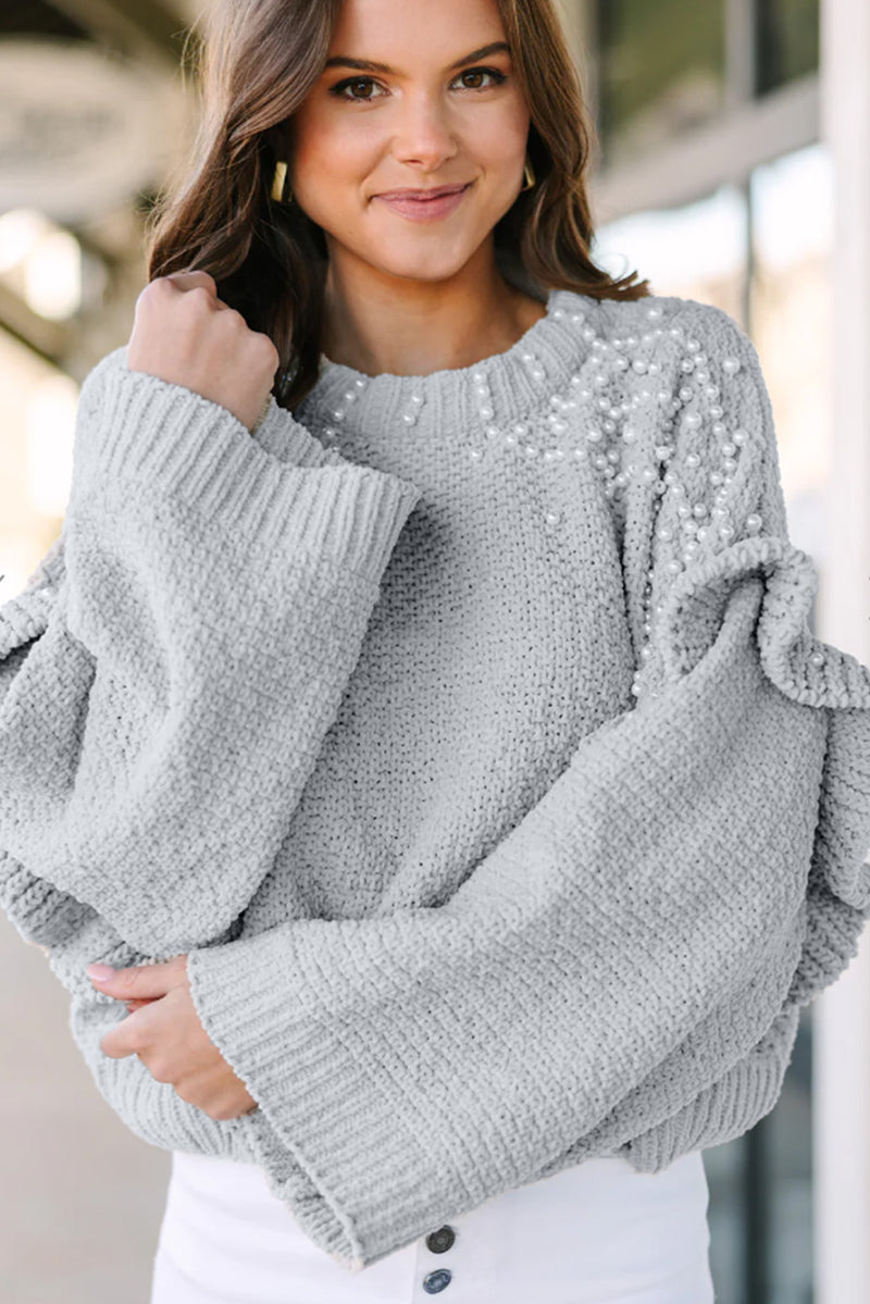 Gray Pearl Embellished Ruffle Wide Sleeve Sweater