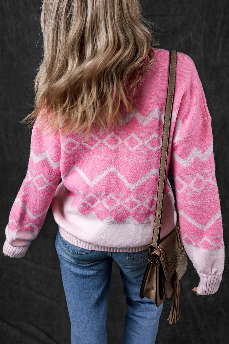 Pink Western Aztec Geometric Drop Shoulder Sweater