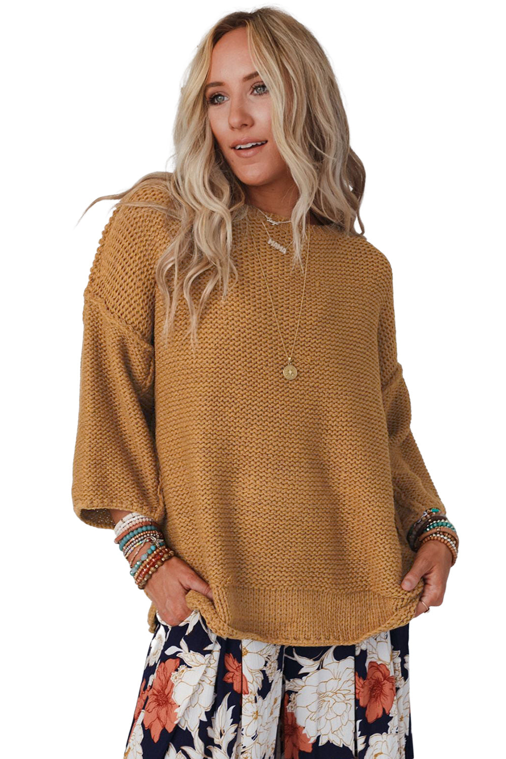 Brown Slouchy Textured Knit Loose Sweater