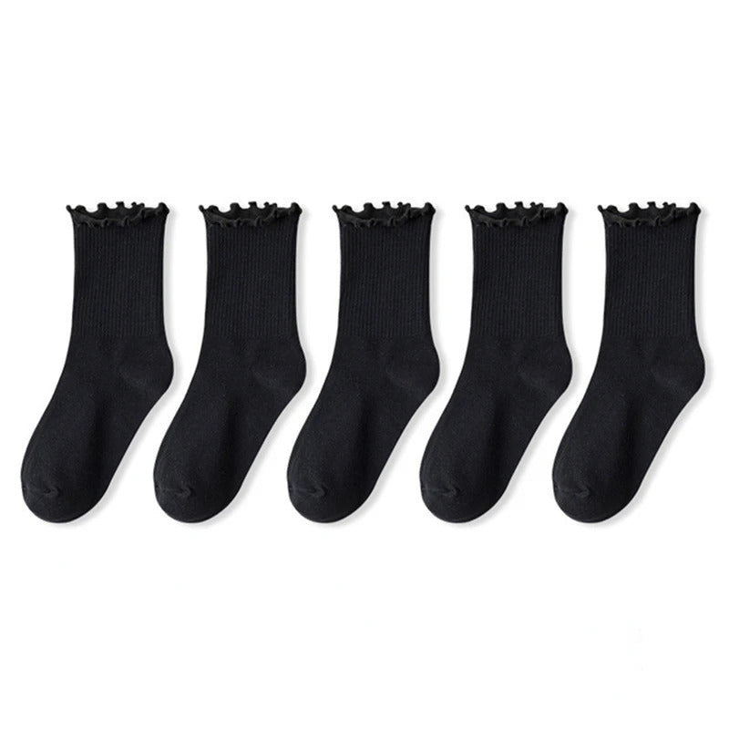 5 pair /Lot Socks for Women Ruffle Cotton Middle Tube Ankle Short Breathable Black White set Spring Autumn