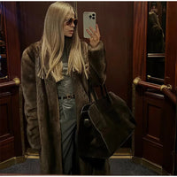 Dark Brown Faux Fur Long Overcoat For Women Fashion Lapel Single Breasted Loose Fluffy Plush Warm Coat Winter Thicken Outerwear