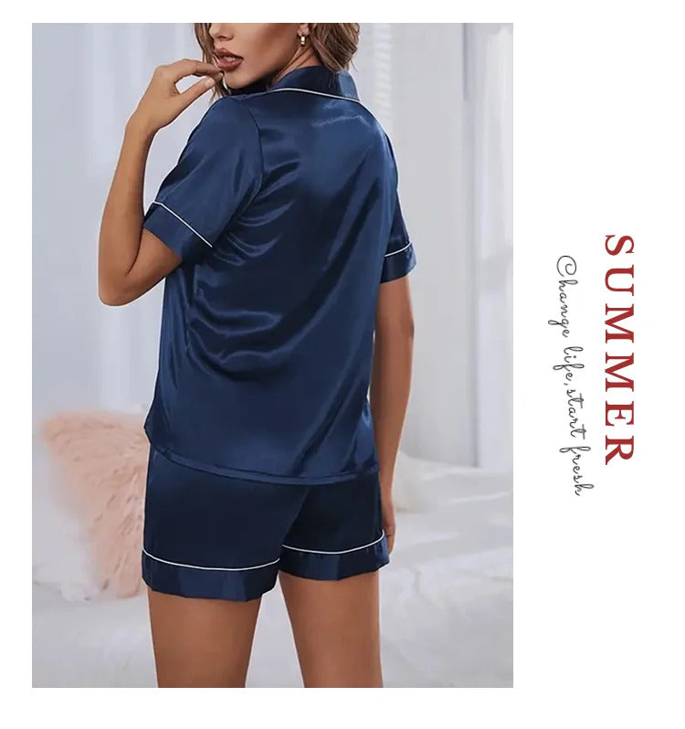 Women's Pajamas Set Satin Sleepwear Button Down Tops and Shorts Pajama 2 Piece Suit Pyjama Femme Nightwear Loungewear for Summer