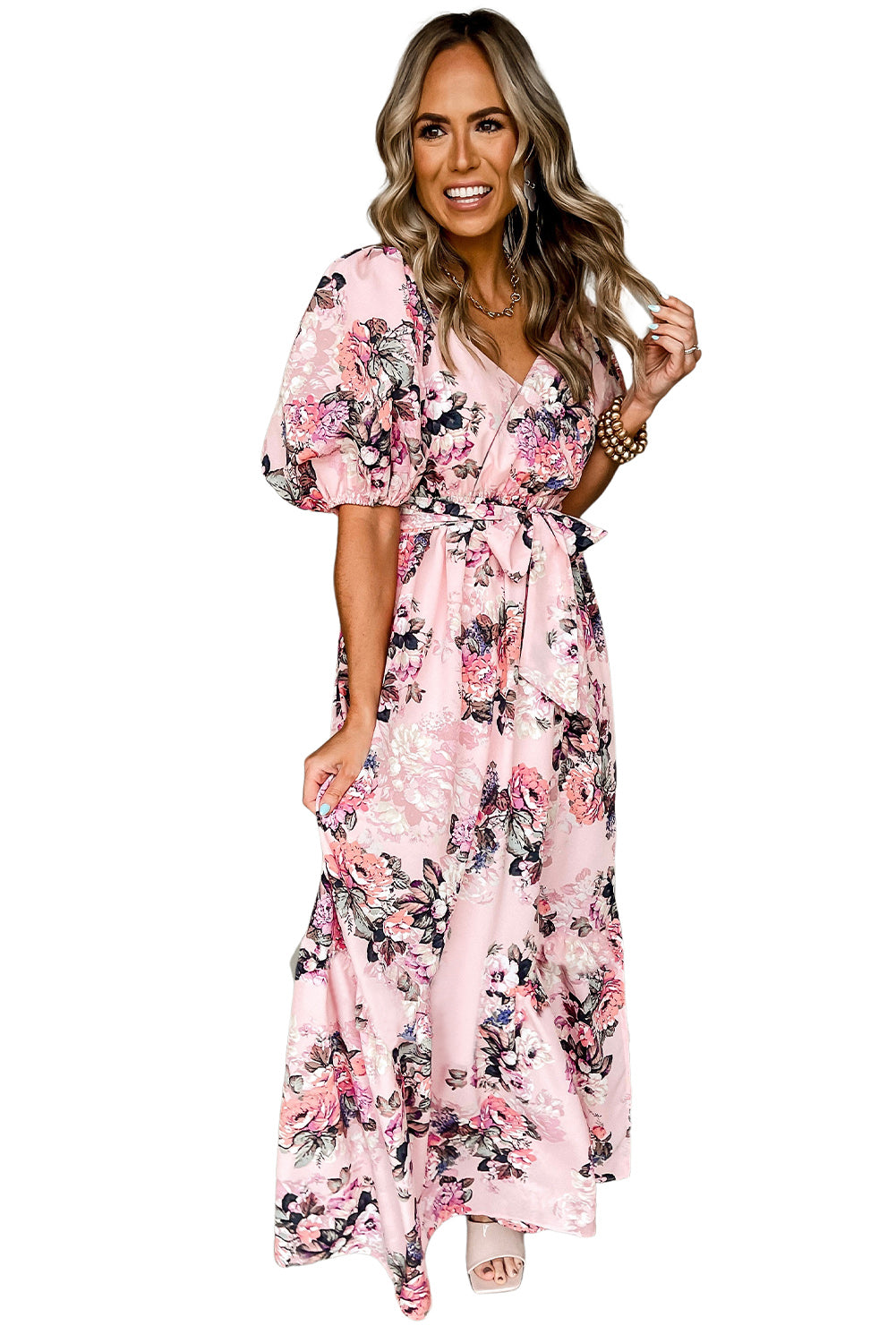 Women's Floral Puff Sleeve High Waist Maxi Dress